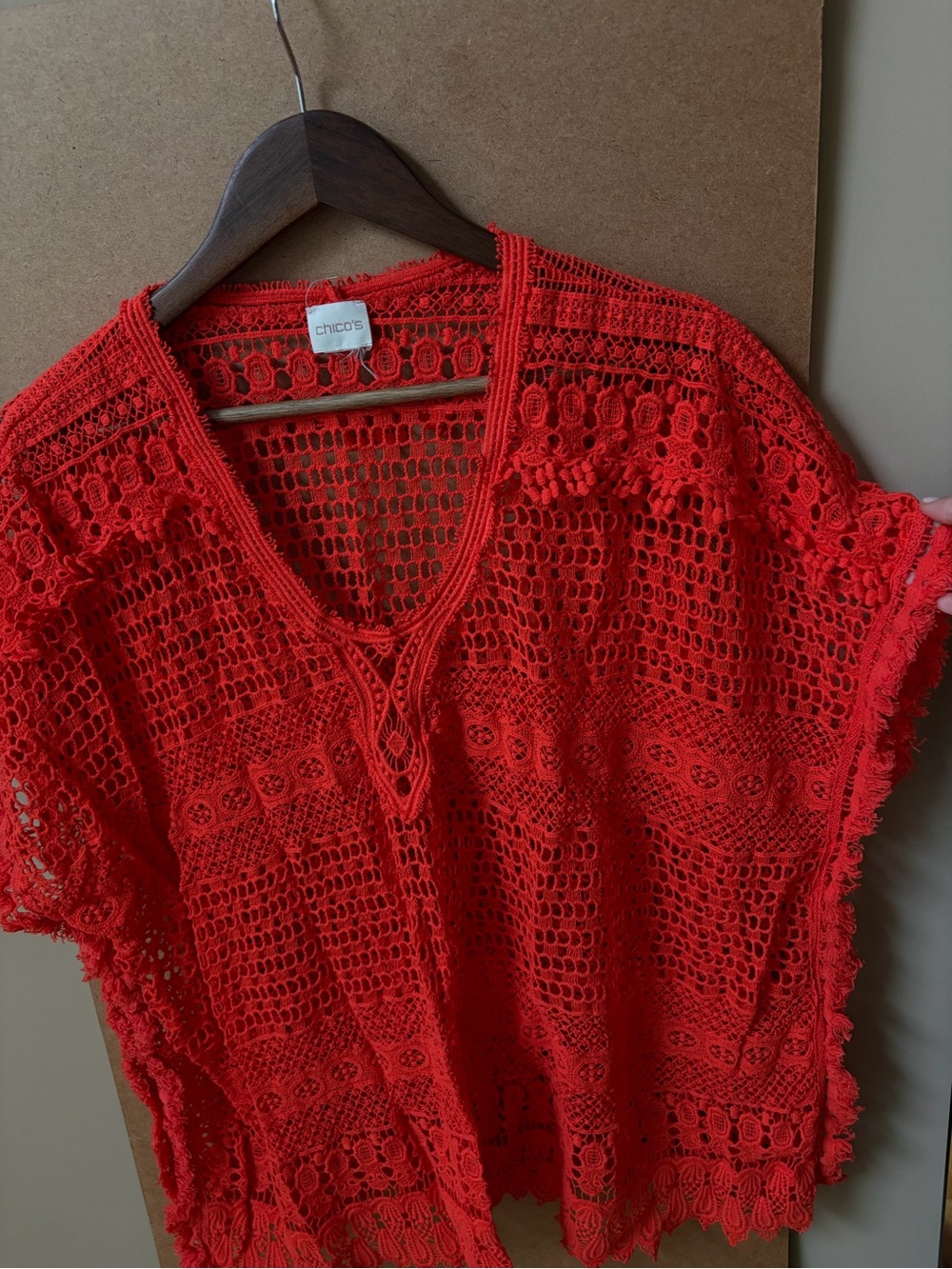 Chico's Bright Red Crochet V-Neck Tunic Cover-Up